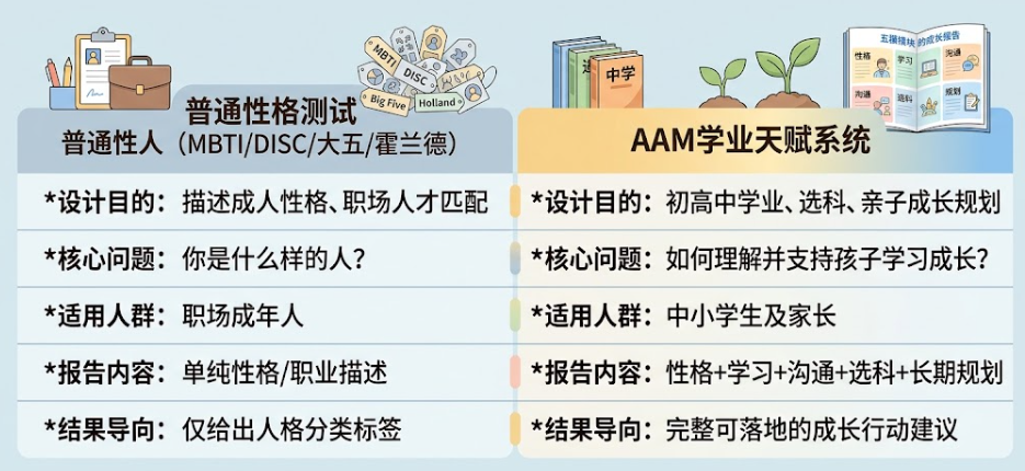 AAM学业天赋系统和普通性格测试有什么不同？